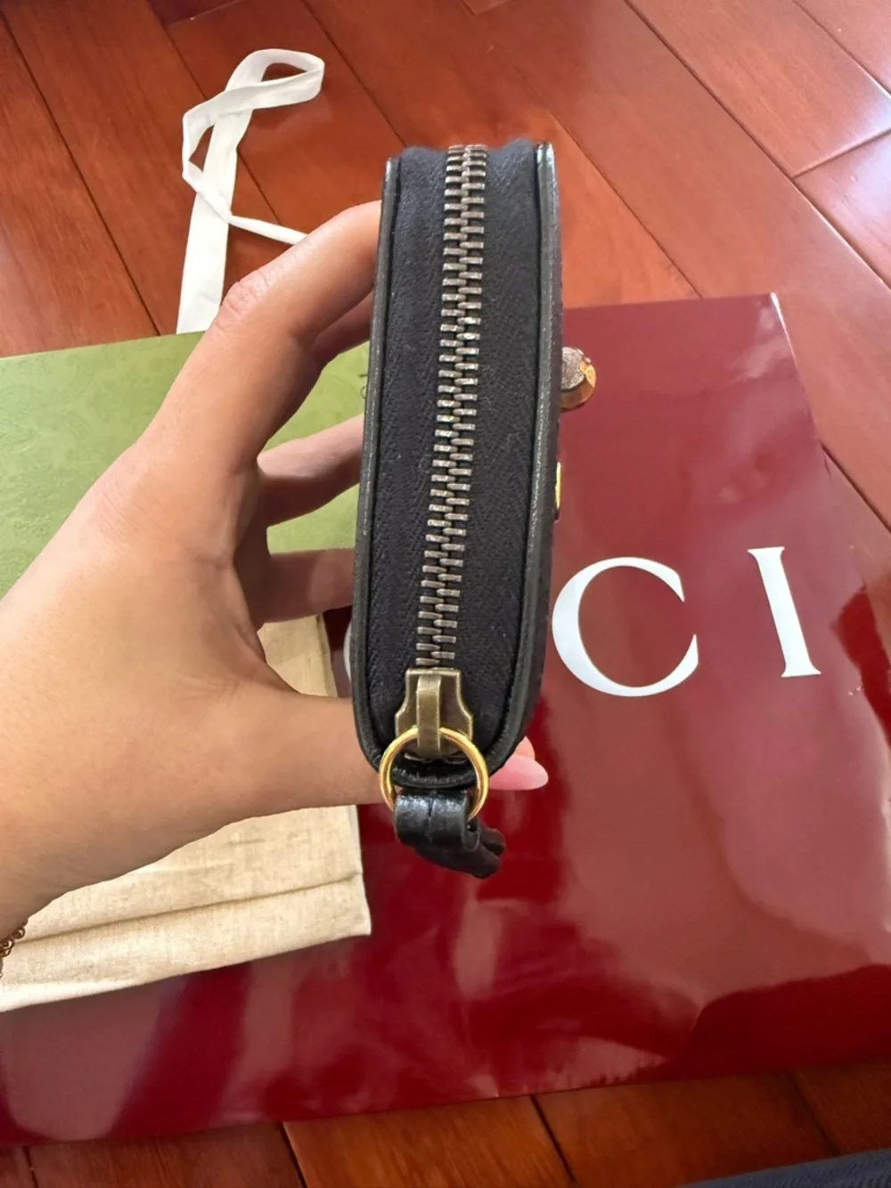 Gucci Black Pebbled Leather Zip Wallet with Gold GG and Bamboo Accent